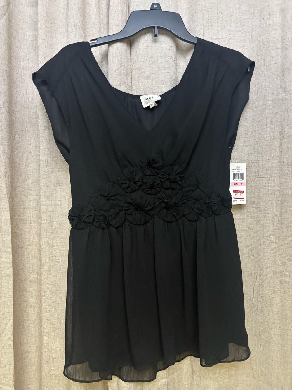 ECI Black V-Neck Tunic with Floral Rosettes